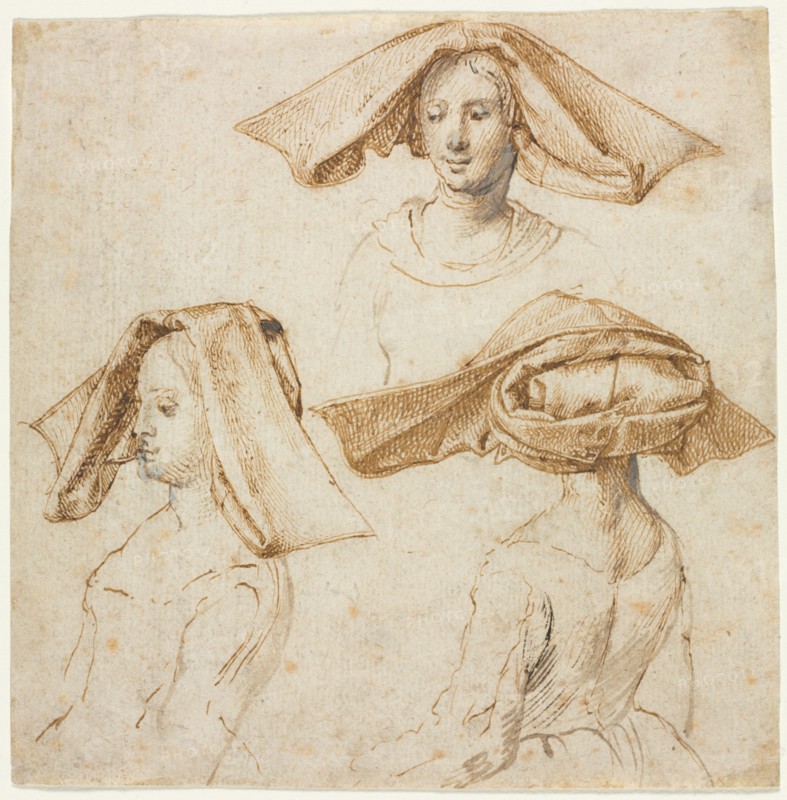 Three Studies of a Woman Wearing an Elaborate Headdress, c. 1500. Creator: Anonymous.