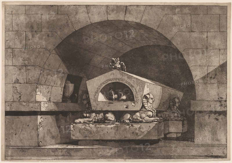 Tomb with Sphinx: Funerary Monument with an Owl on a Sarcophagus Supported by Sphinx, c. 1779-84. Creator: Louis Jean Desprez (French, 1743-1804).