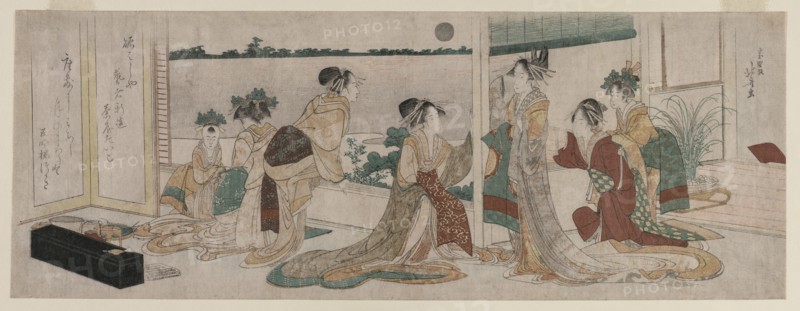 Tsukasa and Other Courtesans of the Ogiya Watching the Autumn Moon Rise..., 1799. Creator: Katsushika Hokusai (Japanese, 1760-1849).