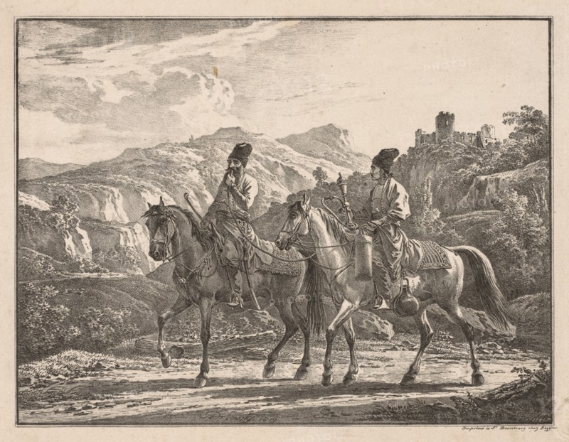 Two Cossacks on Horseback. Creator: Aleksandr Orlowski (Russian, 1777-1832).