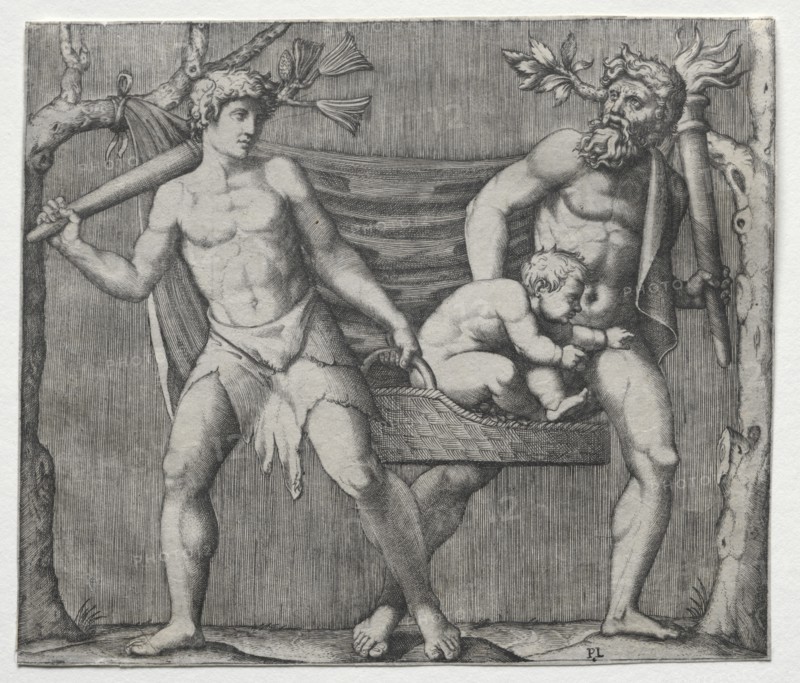 Two Fauns Carrying a Child in a Basket, c. 1513-1515. Creator: Marcantonio Raimondi (Italian, 1470/82-1527/34).