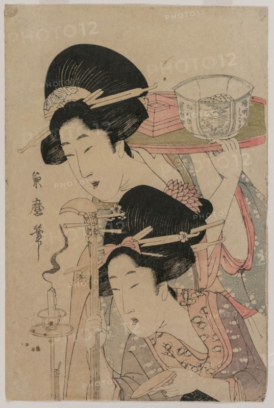 Two Geishas beside a Candle, mid 1800s. Creator: Kitagawa Kikumaro (Tsukimaro) (Japanese).