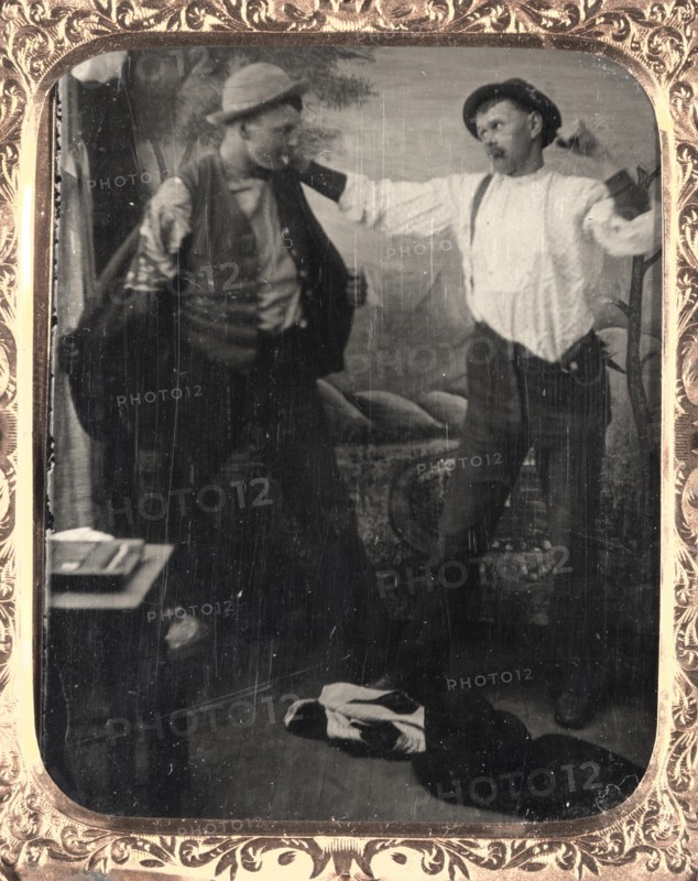 Two Men Staging a Fight in a Studio, c. 1860. Creator: Unidentified Photographer.