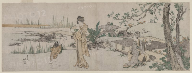 Two Women and a Child Beside a Goldfish Tank, c. 1800. Creator: Katsushika Hokusai (Japanese, 1760-1849).