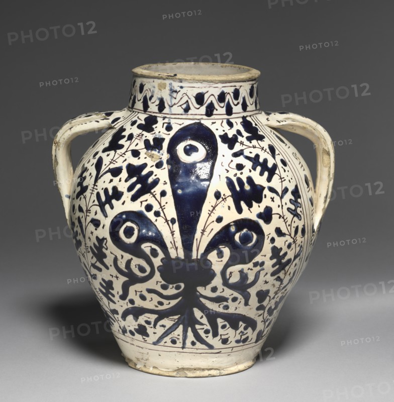 Two-Handled "Oak Leaf" Pharmacy Jar with Fleur-de-Lys, c. 1430-1450. Creator: Giunta di Tugio (Italian, c. 1382-1450), workshop of.