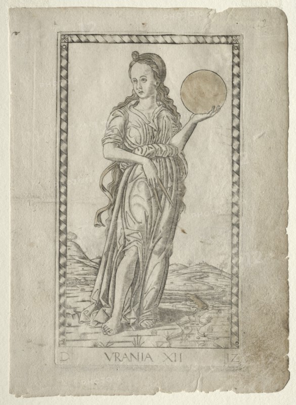 Urania (astronomy) (from the Tarocchi series D: Apollo and the Muses, #12), before 1467. Creator: Master of the E-Series Tarocchi (Italian, 15th century).