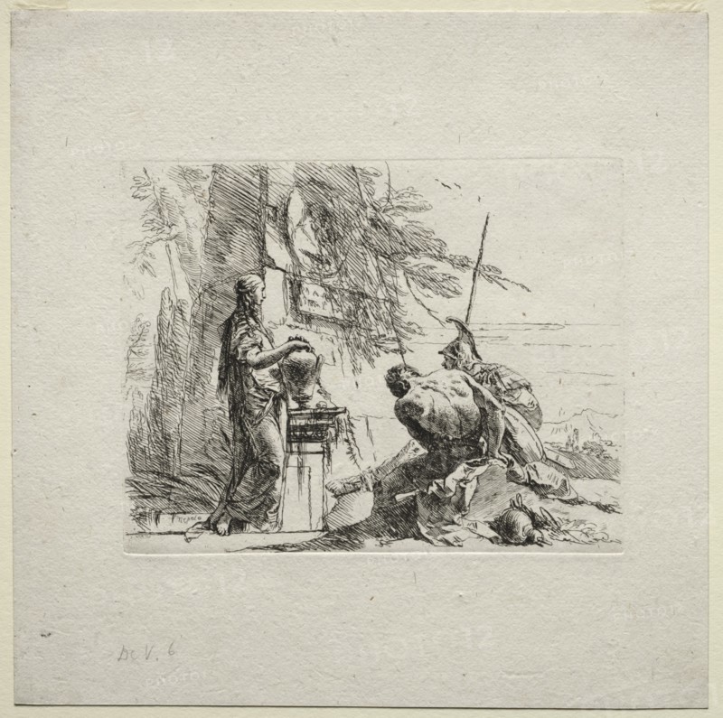 Various Caprices: The Woman Standing with Hands on a Vase, 1785. Creator: Giovanni Battista Tiepolo (Italian, 1696-1770).