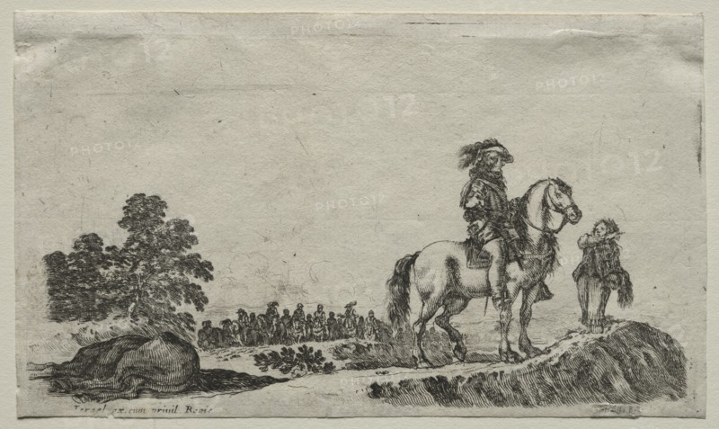 Various Figures and Landscapes: A Lost Horseman Enquiring the Way, 1649. Creator: Stefano Della Bella (Italian, 1610-1664).