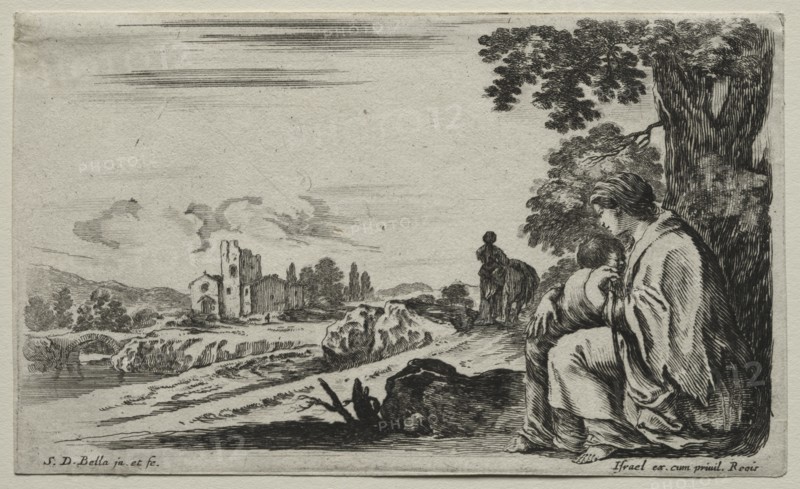 Various Figures and Landscapes: A Poor Nurse Seated under a Tree, 1649. Creator: Stefano Della Bella (Italian, 1610-1664).