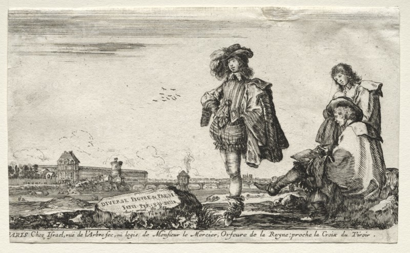 Various Figures and Landscapes: Title Page - Three Figures, 1649. Creator: Stefano Della Bella (Italian, 1610-1664).
