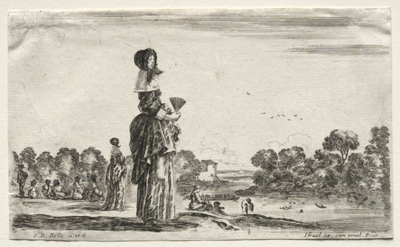 Various Figures and Landscapes: Women Watching Bathers along a River, 1649. Creator: Stefano Della Bella (Italian, 1610-1664).