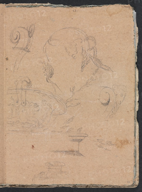 Verona Sketchbook: Architectural motifs with female head (page 45), 1760. Creator: Francesco Lorenzi (Italian, 1723-1787).