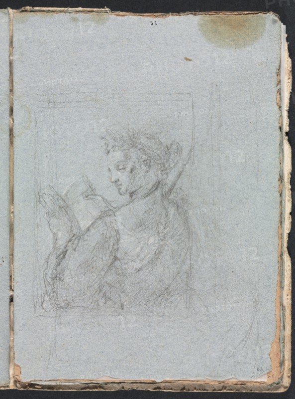 Verona Sketchbook: Female figure with open book (page 63), 1760. Creator: Francesco Lorenzi (Italian, 1723-1787).