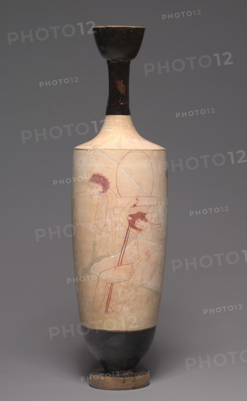 White-Ground Lekythos (Funerary Oil Pitcher), c. 420 BC. Creator: Group R (Greek), attributed to.