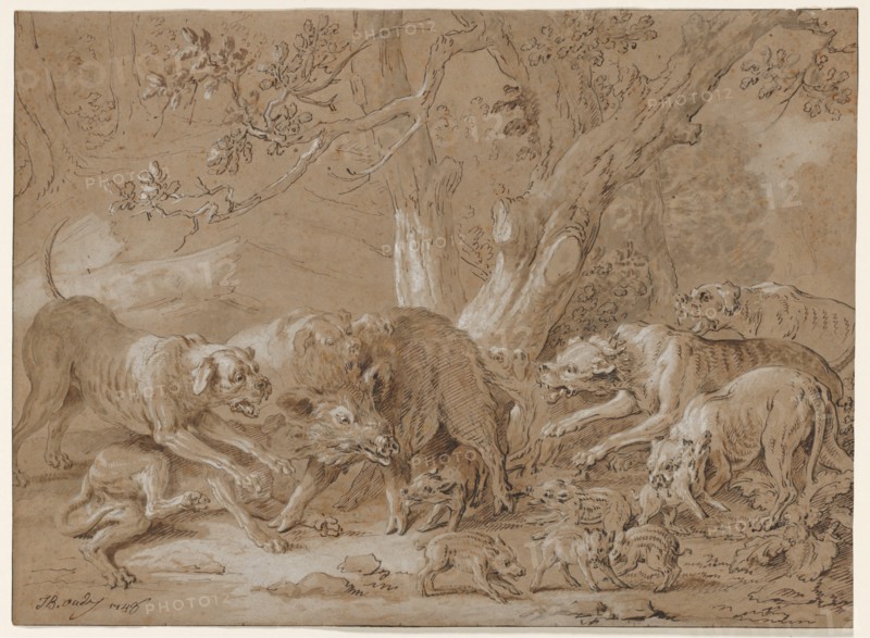 Wild Sow and Her Young Attacked by Dogs, 1748. Creator: Jean-Baptiste Oudry (French, 1686-1755).