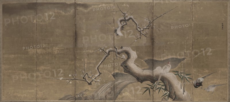 Winter Scene with Plum Trees and Pheasants (Birds Left), early 1600s. Creator: Kano Naonobu (Japanese, 1607-1650).
