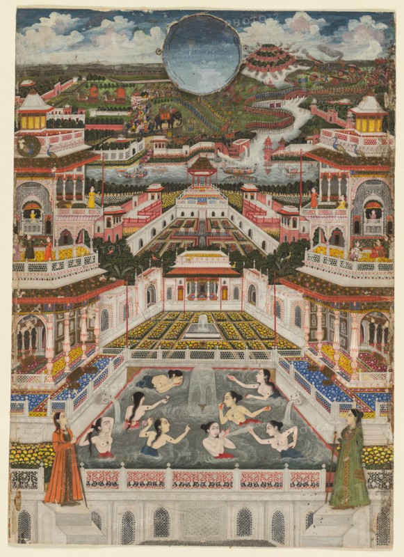 Women bathing before an architectural panorama, c. 1765. Creator: Fayzullah (Indian, active c. 1730-1765).