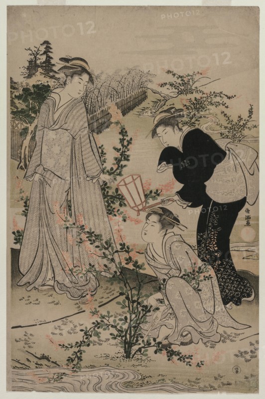 Women Cutting Branches of Bush Clover; The Noji Tama River in Omi Province ..., late 1780s. Creator: Kubo Shunman (1757-1820).