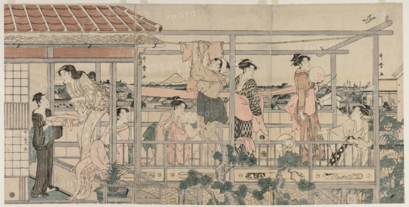 Women Hanging Laundry to Dry on a Balcony , early 1790s. Creator: Kitagawa Utamaro (Japanese, 1753?-1806).