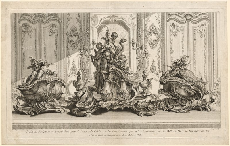 Works of Juste-Aurèle Meissonier: Silver Sculptural Project for a Large Centerpiece..., c. 1735-1737 Creator: Gabriel Huquier (French, 1695-1772).