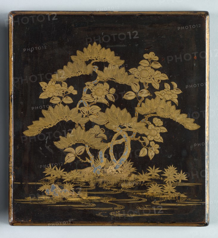 Writing Box (Suzuribako) with Design of Pine, Camellia and Bamboo (lid), 1400s. Creator: Unknown.