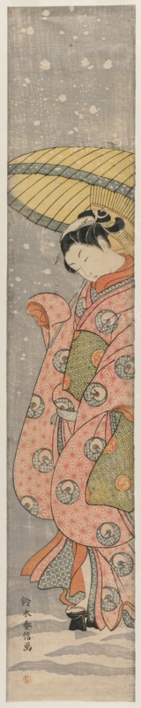 Young Woman Standing Under an Umbrella in the Snow, 1767-1768. Creator: Suzuki Harunobu (Japanese, 1724-1770).