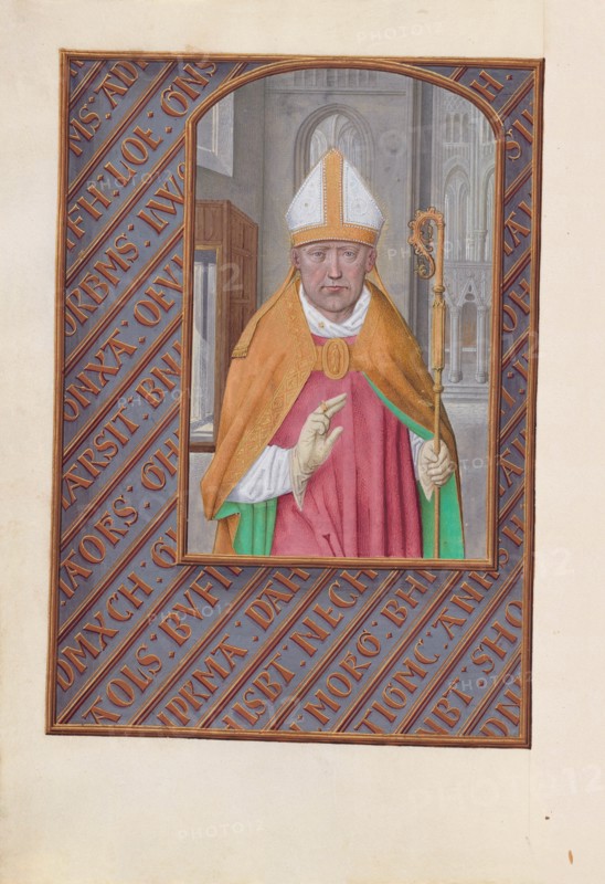 Hours of Queen Isabella the Catholic, Queen of Spain: Fol. 183v, St. Nicholas, c. 1500. Creator: Master of the First Prayerbook of Maximillian (Flemish, c. 1444-1519); Associates, and.