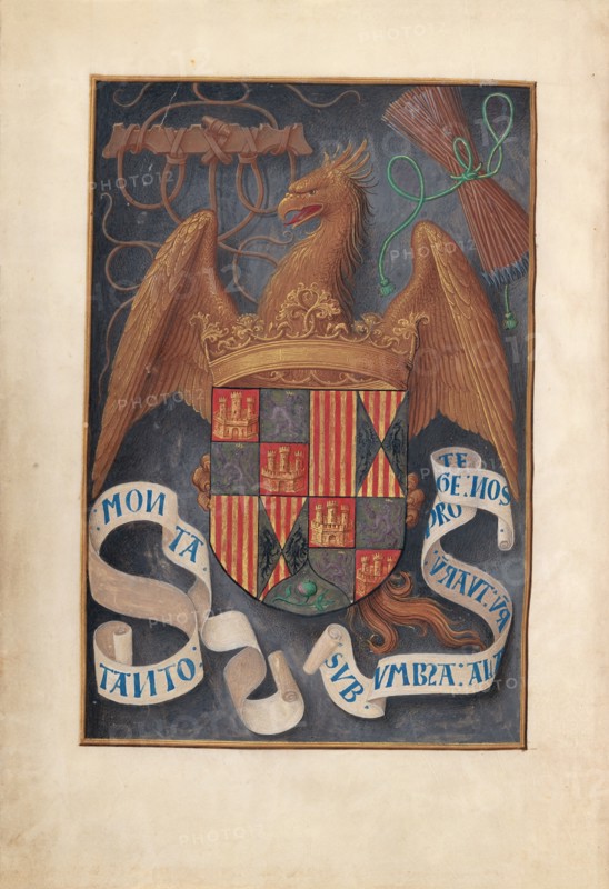 Hours of Queen Isabella the Catholic, Queen of Spain: Fol. 1v, Arms and Mottoes of Isabel..., c1500. Creator: Master of the First Prayerbook of Maximillian (Flemish, c. 1444-1519); Associates, and.