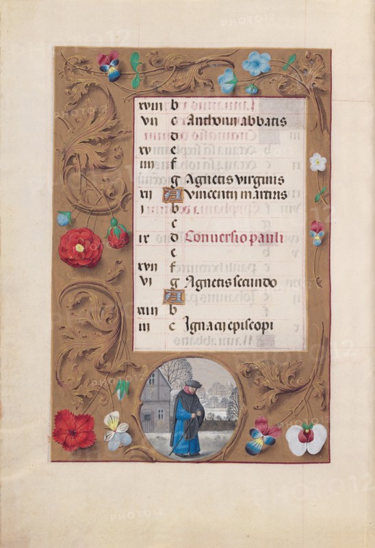 Hours of Queen Isabella the Catholic, Queen of Spain: Fol. 2v, January - Snow Landscape, c. 1500. Creator: Master of the First Prayerbook of Maximillian (Flemish, c. 1444-1519); Associates, and.