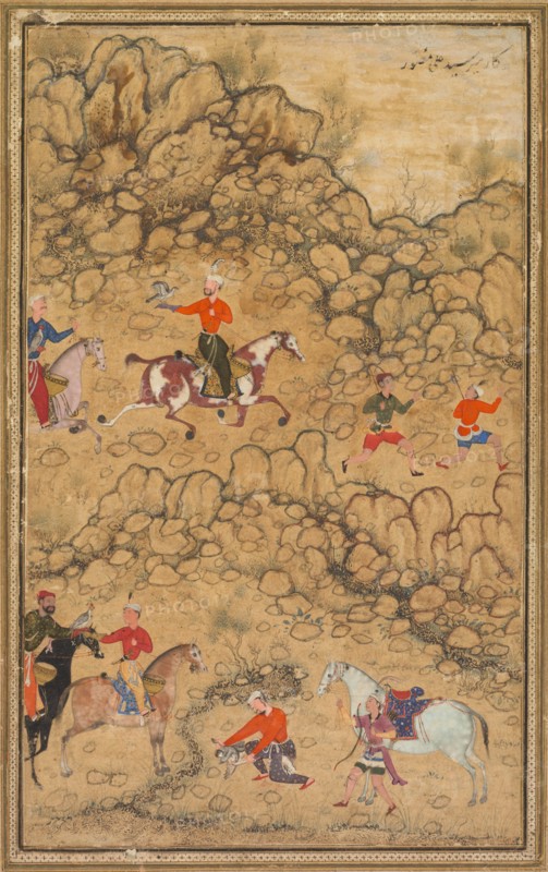 Hunting with falcons in a landscape; Verso: Calligraphy of Chaghatai Turkish poems..., c. 1558-60. Creator: Abd al-Samad (Persian, c. 1510-1600), attributed to.