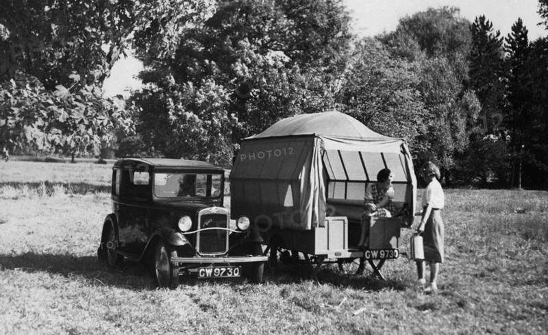 1930 Austin Seven with trailer caravan. Creator: Unknown.