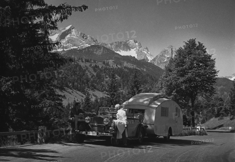 1937 Mercedes Benz 260D Cabriolet towing caravan. Creator: Unknown.