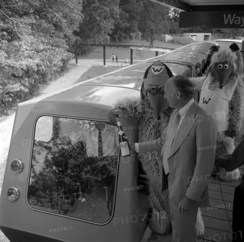 The Wombles with Lord Montagu at opening of Beaulieu Monorail 1974. Creator: Unknown.