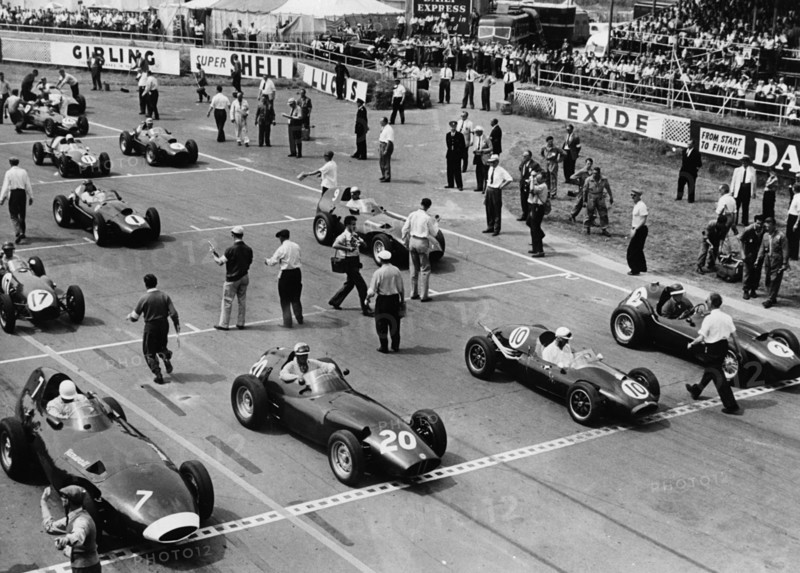 Starting grid,1958 British Grand Prix at Silverstone, Hawthorn in Ferrari number 1. Creator: Unknown.