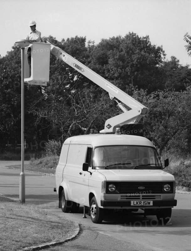 1981 Ford Transit 190 van with extending boom. Creator: Unknown.
