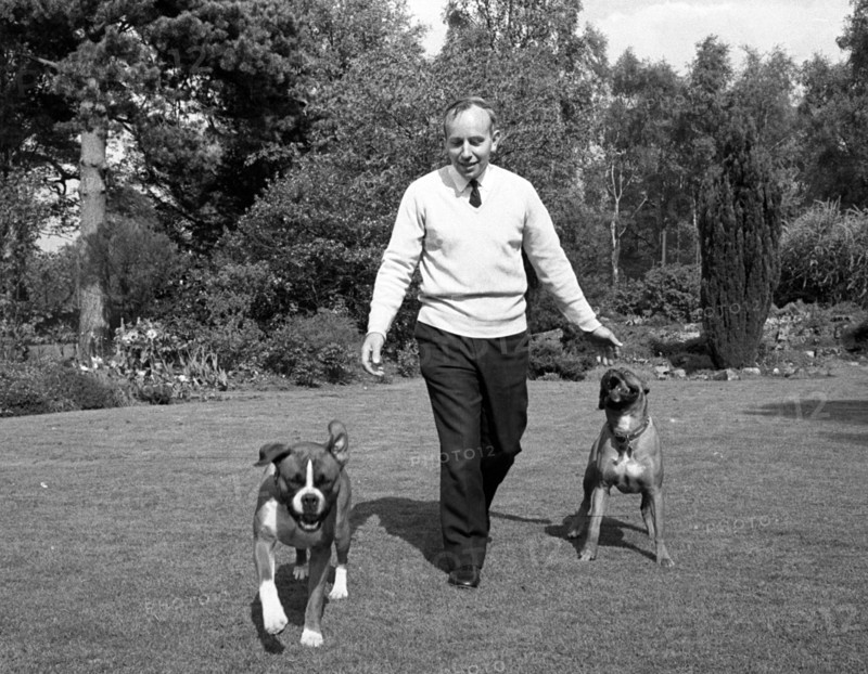John Surtees playing with his pet dogs at home 1966. Creator: Unknown.