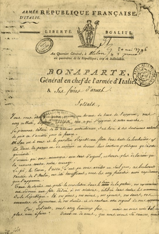 Proclamation by Napoleon to his 'brothers in arms', 20 May 1796, (1921). Creator: Unknown.
