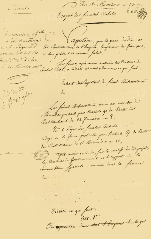 Draft of the...reestablishment of the Gregorian calendar, 29 August 1805, (1921). Creator: Unknown.