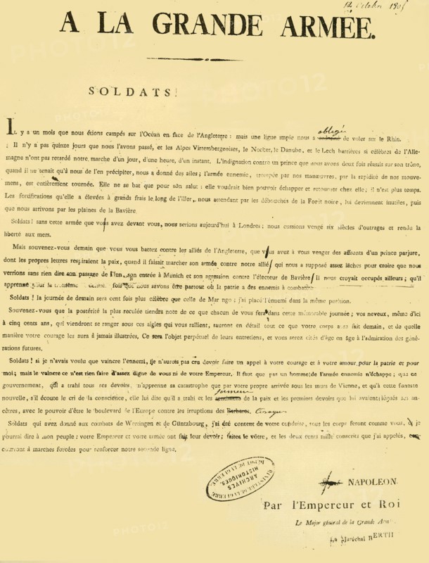 Proclamation to the army, 13 October 1805, (1921). Creator: Unknown.