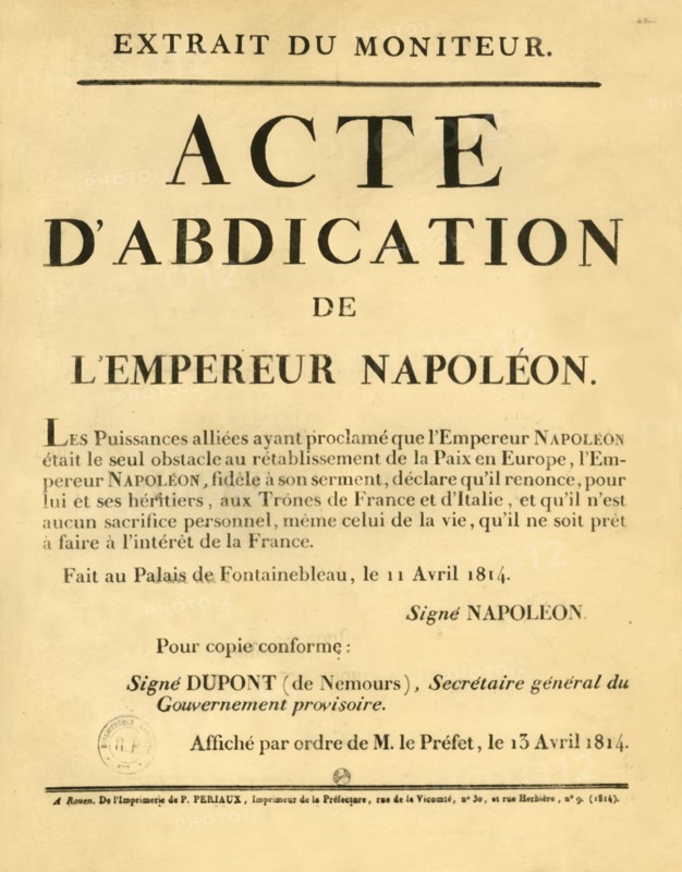 Notice announcing the Emperor Napoleon's abdication, 11 April 1813, (1921).  Creator: Unknown.
