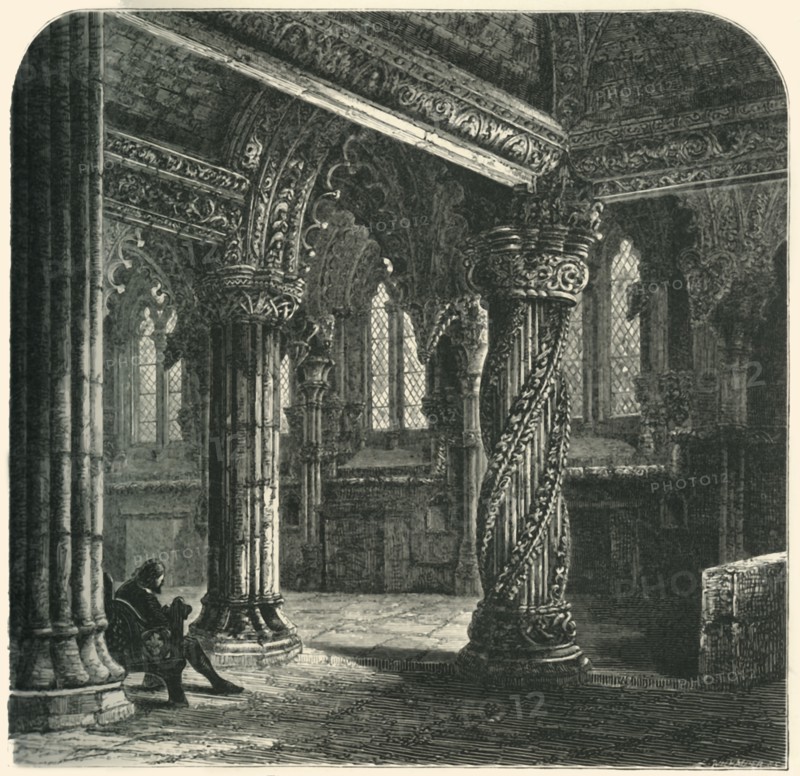 'The Apprentice Pillar in Roslin Chapel', c1870.