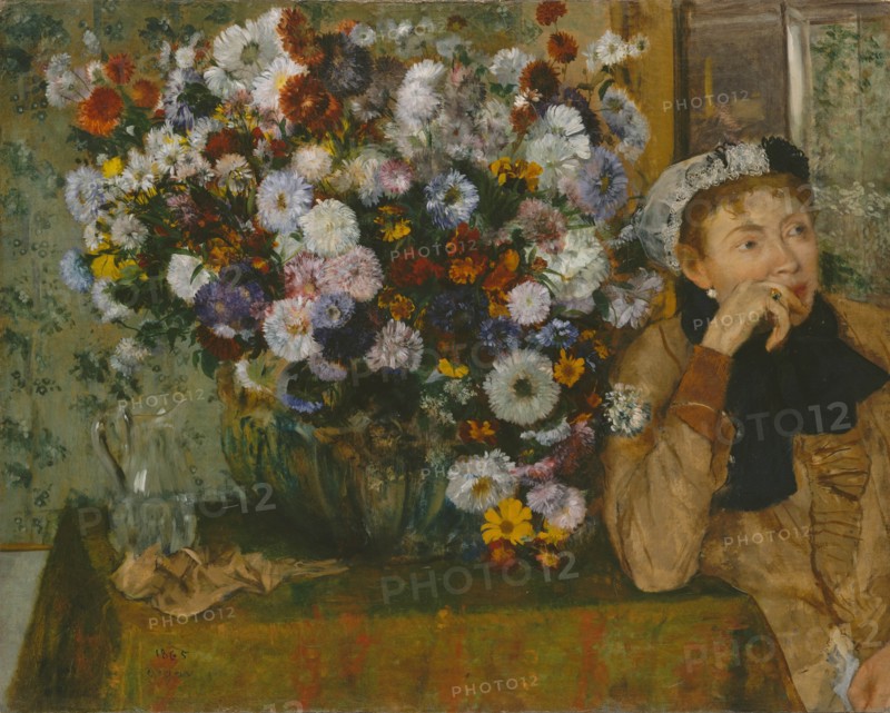 A Woman Seated beside a Vase of Flowers (Madame Paul Valpinçon?), 1865. Creator: Edgar Degas.