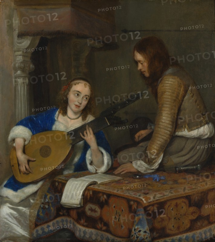 A Woman Playing the Theorbo-Lute and a Cavalier, ca. 1658. Creator: Gerard Terborch II.