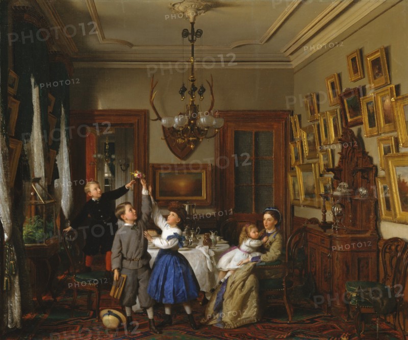 The Contest for the Bouquet: The Family of Robert Gordon in Their New York Dining-Room, 1866. Creator: Seymour Joseph Guy.