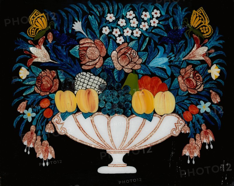 Still Life - Flowers and Fruit in White and Pink Bowl, 1840-60. Creator: Unknown.