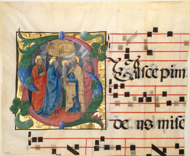 manuscrit Illumination with the Presentation in the Temple in an Initial S, 1450-60. Creator: Cosmè Tura.