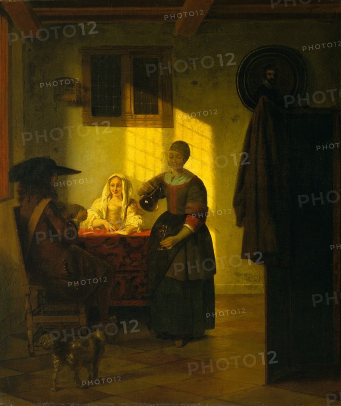A Couple Playing Cards, with a Serving Woman, ca. 1665-75. Creator: Pieter de Hooch.
