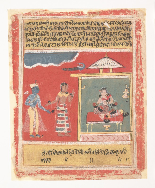 Radha's Friend Pleads with Her to Receive Krishna: Page from a Dispersed Rasikapriya, 1634. Creator: Unknown.
