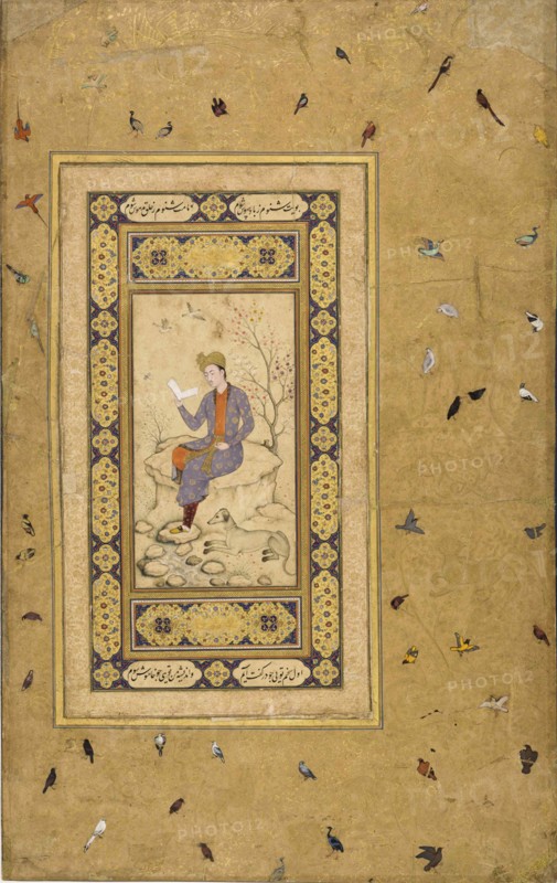 Young man reading in a landscape, c. 1608-1610. Creator: Indian Art.