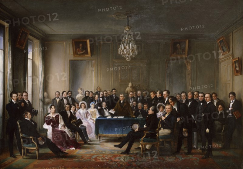 François-Guillaume Andrieux Reading his Tragedy Junius Brutusin the Foyer?, 26 May 1828, c. 1847. Creator: Helm, François-Joseph (1787-1865).